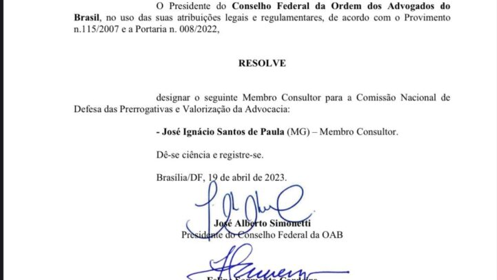 Ex presidente de prerrogativas de Contagem, José Ignácio Santos de Paula é nomeado como membro da Comissão Nacional de Prerrogativas